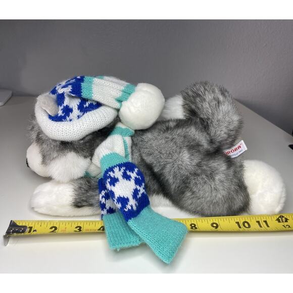 Aurora Flopsie Husky Wolf Plush 12” Blue Winter Hat Scarf Snowflake Vintage - Picture 14 of 14
